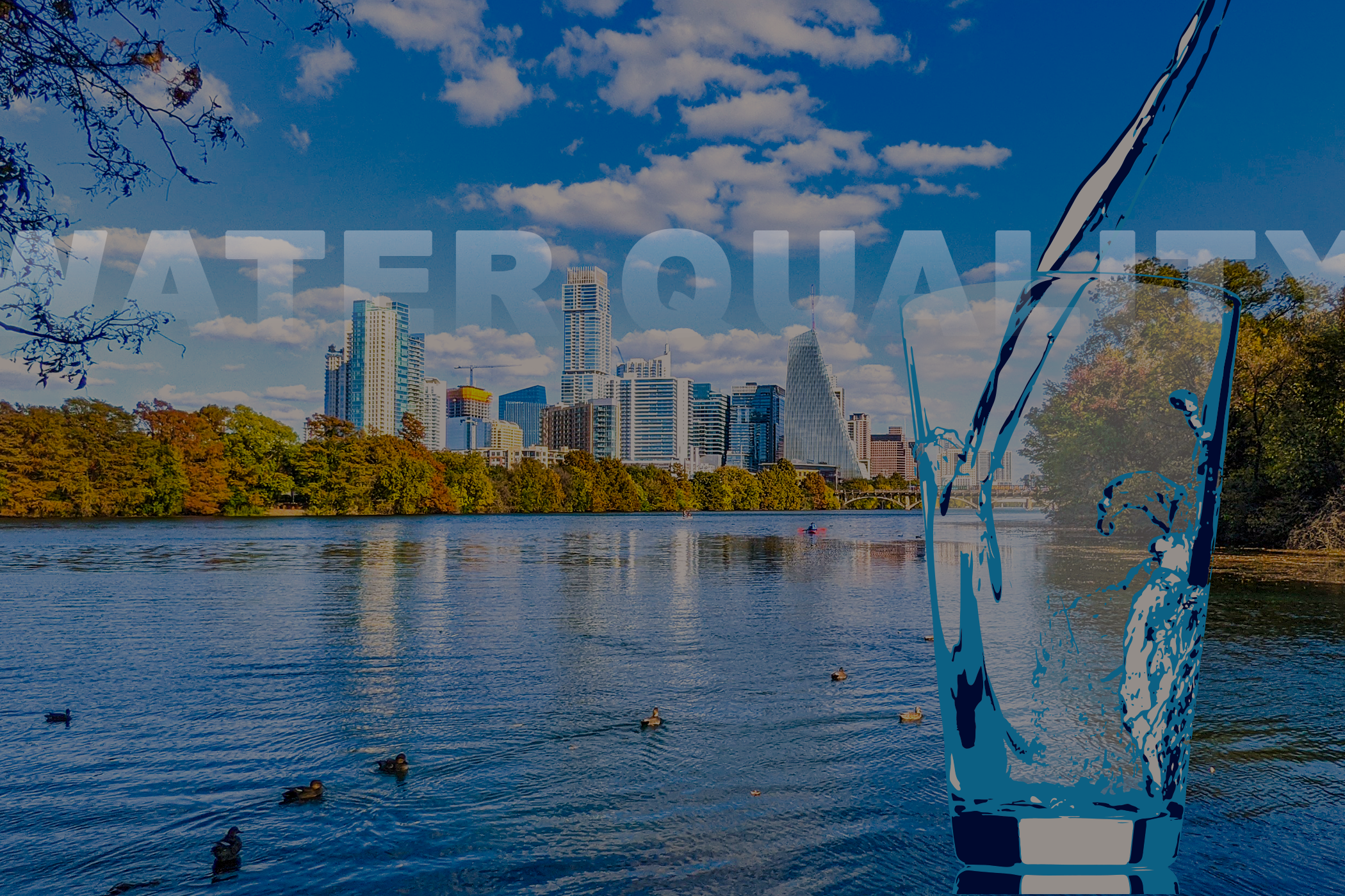 Laydbird Lake with Austin skyline and water filling into glass