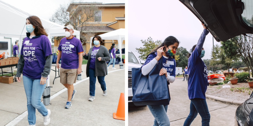 Left: volunteers wear Hands for Hope tee shirts. Right: Staff and volunteers load grocery bags into the back of a vehicle.