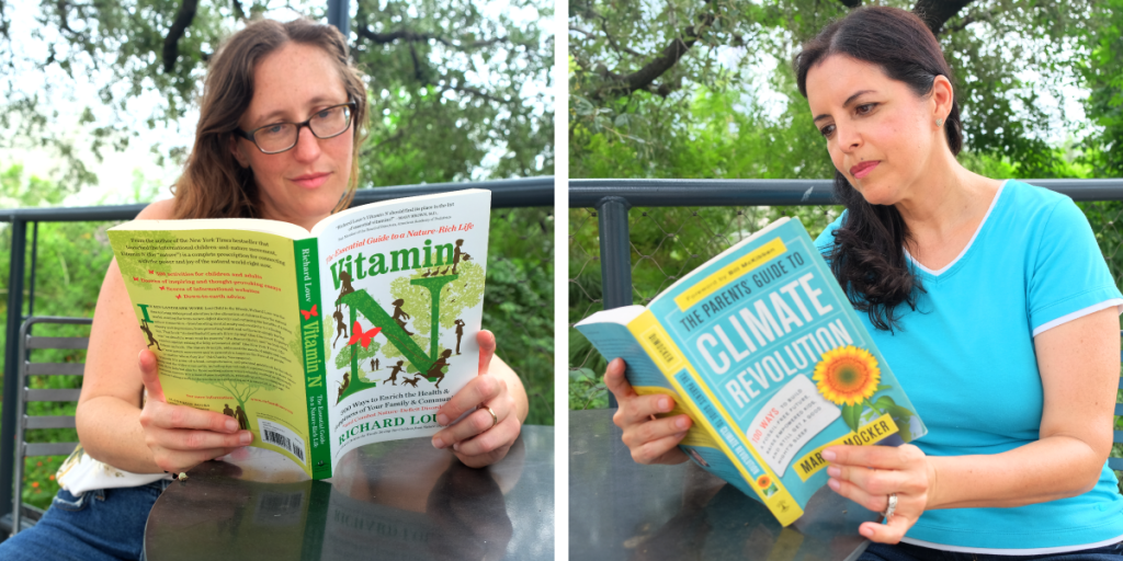 Eileen (left) reads the book Vitamin N. Lizett (right) reads the book The Parents Guide to Climate Revolution.